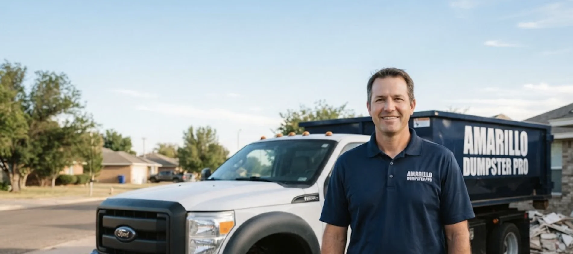 Justin Baker, founder of Amarillo Dumpster Pro, beside a branded truck and roll-off dumpster.