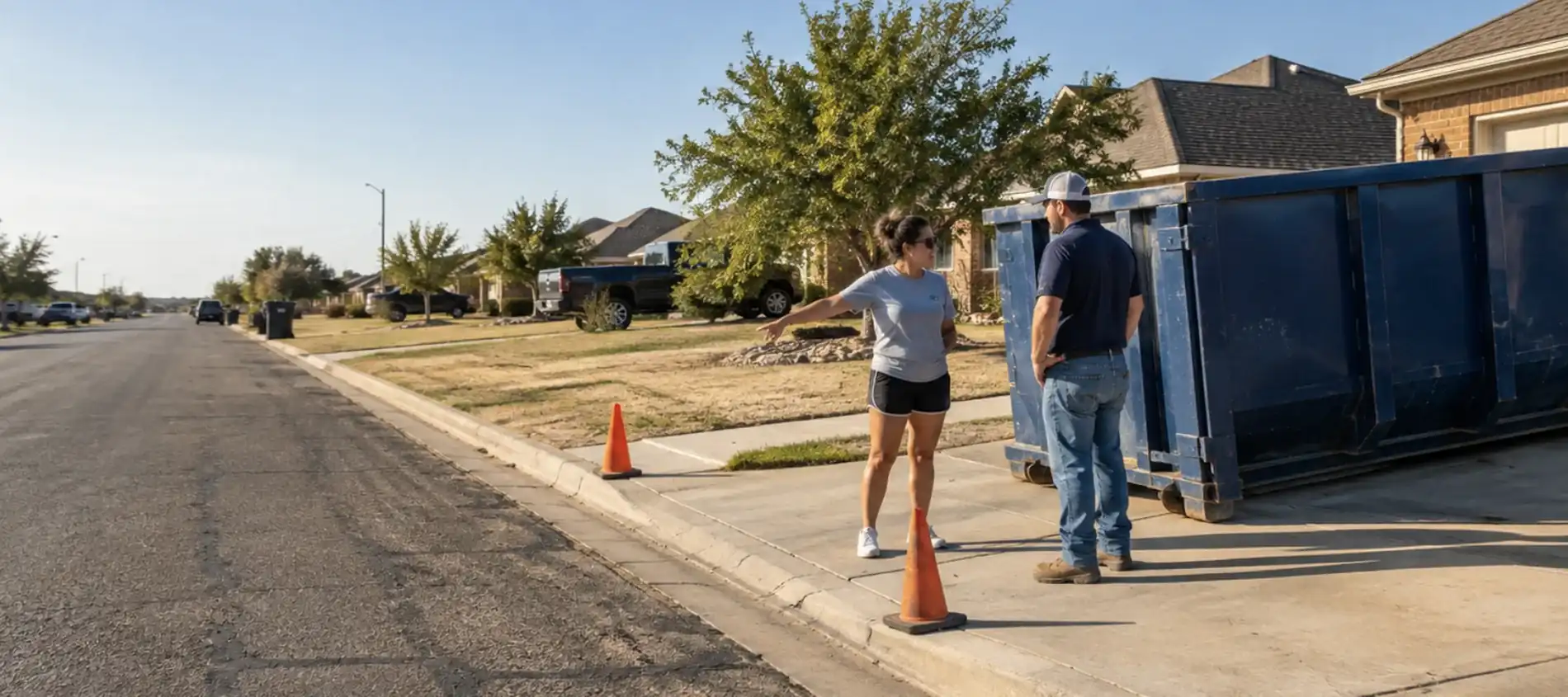 A customer and driver discussing street placement next to safety cones and a roll-off dumpster.