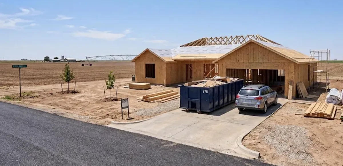 A roll-off dumpster beside a home under construction on farmland near Bushland, TX.