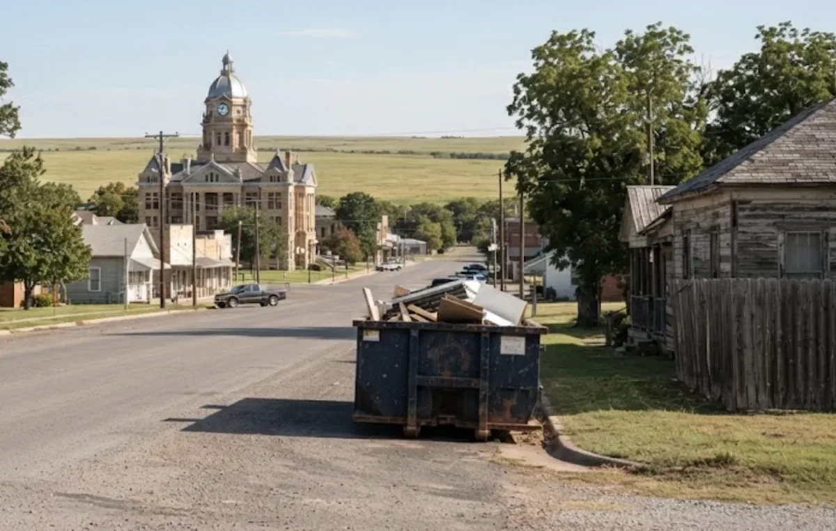 A roll-off dumpster on a downtown street with the Armstrong County courthouse in Claude, TX.