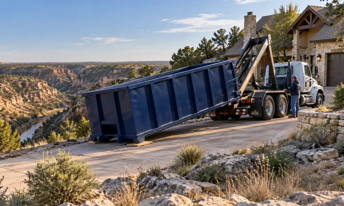 A delivery truck lowering a roll-off dumpster onto a canyon-rim driveway in Timbercreek Canyon, TX.
