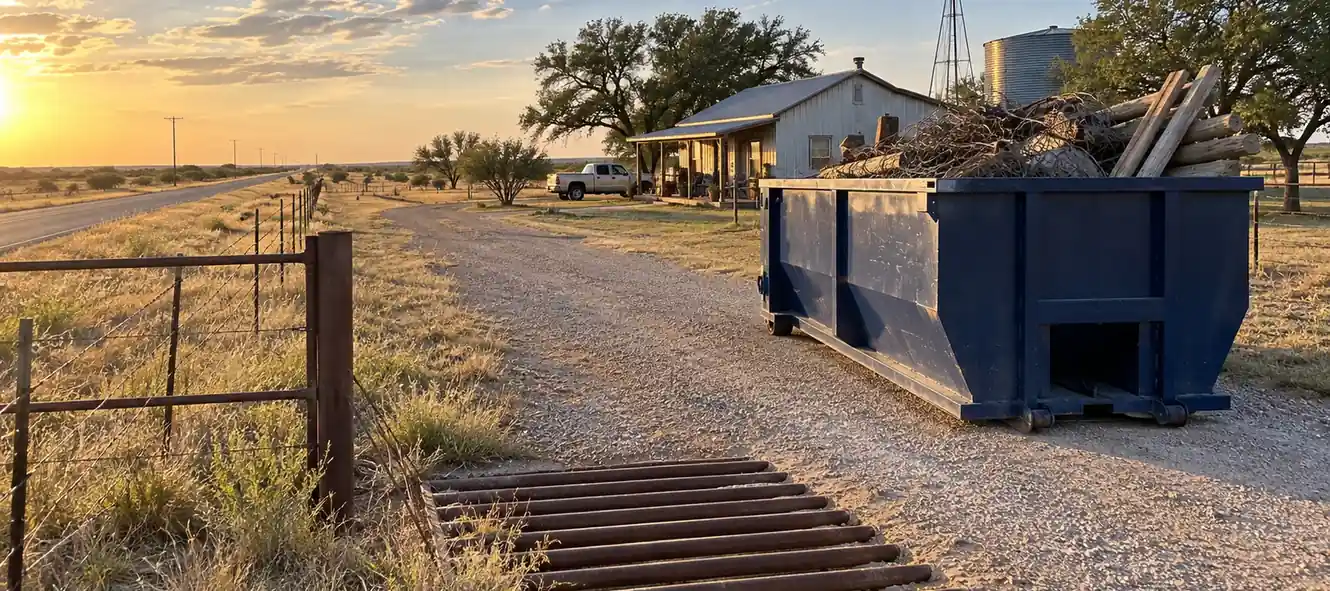 A roll-off dumpster at a ranch property near Washburn, TX, with a windmill and metal barn at sunset.
