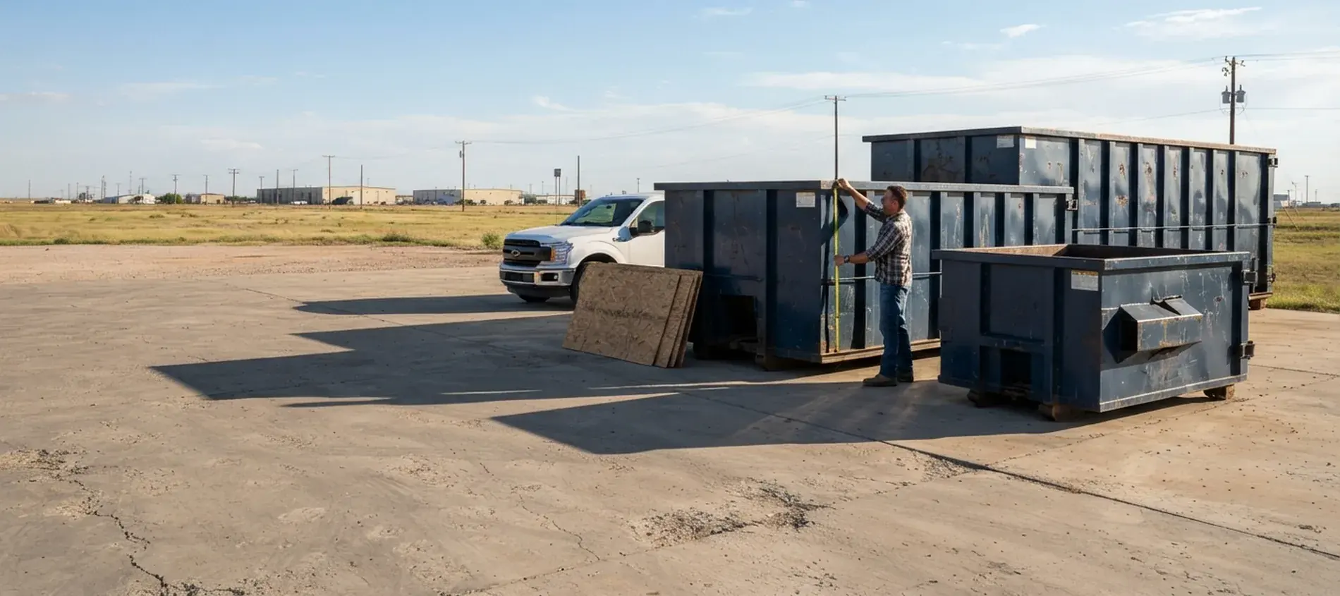 A man measuring a roll-off dumpster with a tape measure to compare container sizes.