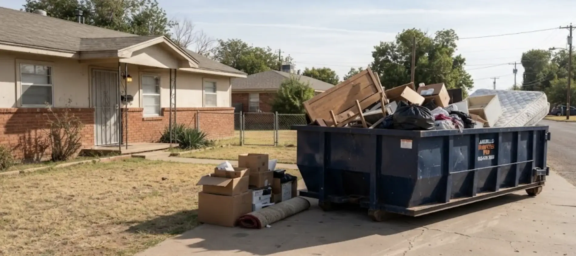 A roll-off dumpster loaded with furniture, a mattress, and boxes outside a rental home cleanout.
