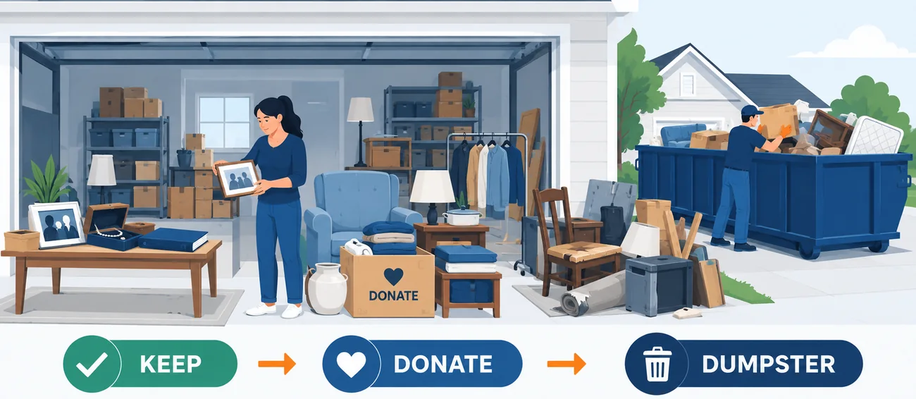 Sorting estate belongings into keep, donate, and dumpster piles before the final loadout.