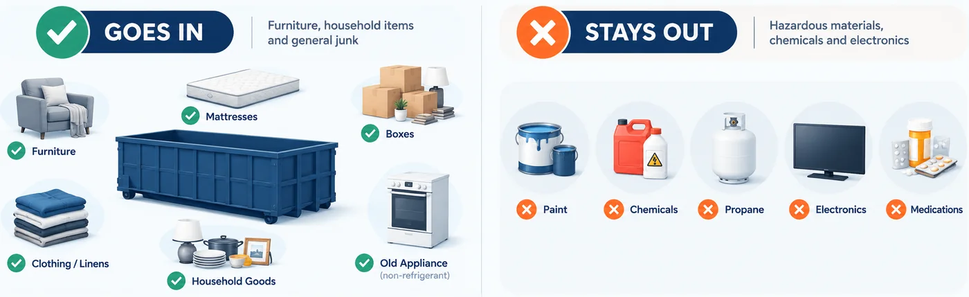 What an estate dumpster accepts: furniture, mattresses, clothing. Not chemicals or propane.