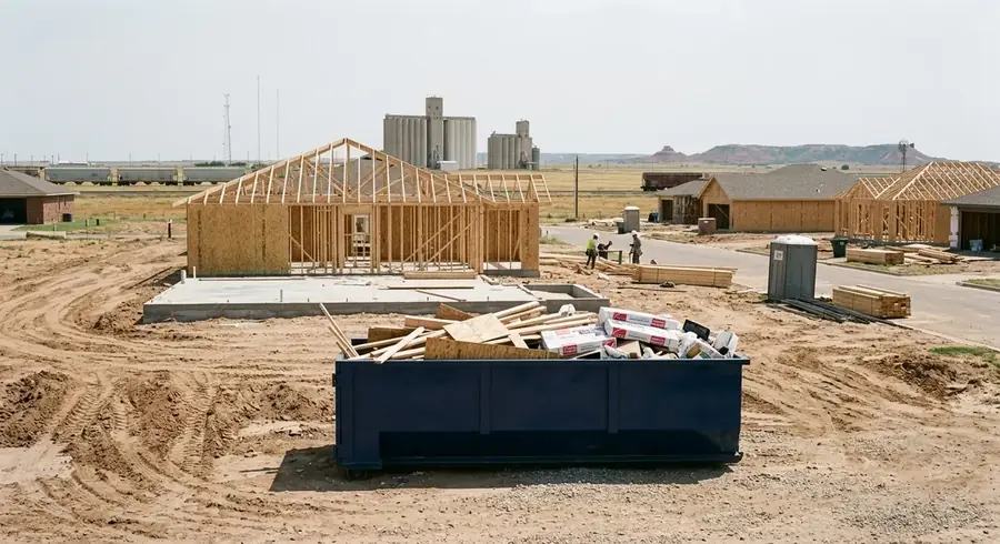 A navy roll-off dumpster on a new-construction site, loaded with framing lumber and packaging.