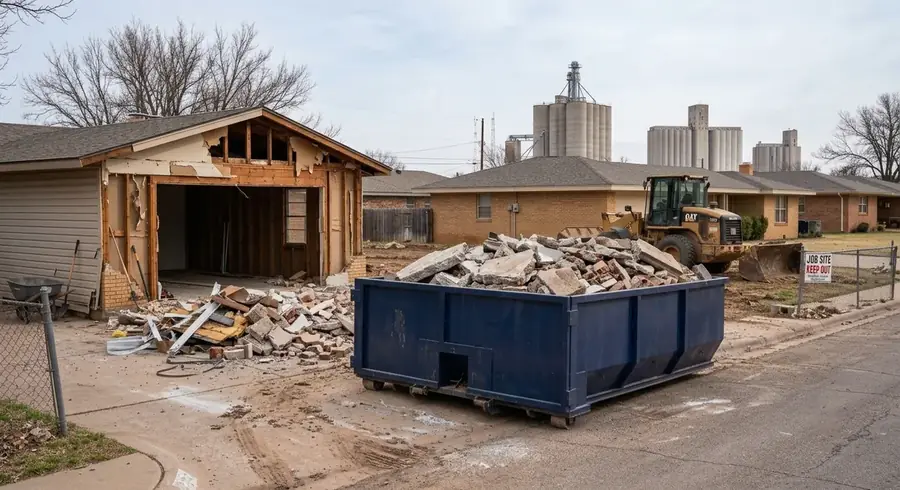 A navy roll-off dumpster loaded with broken concrete rubble next to a demolished garage.
