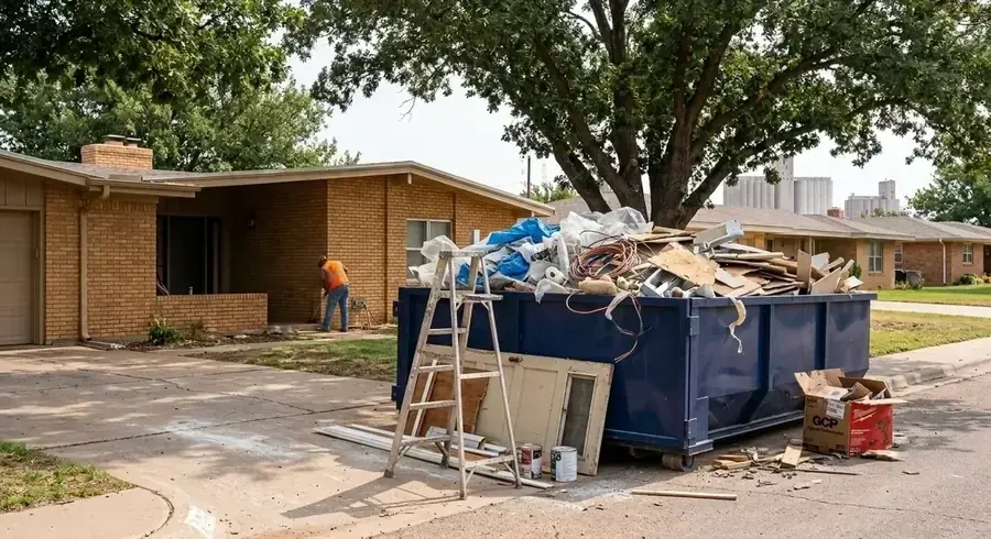 A navy roll-off dumpster loaded with remodeling debris and tear-off materials in a driveway.