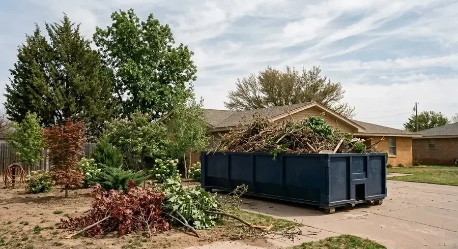 A yard waste dumpster filled with tree branches and brush in a backyard full of trimmed shrubs.