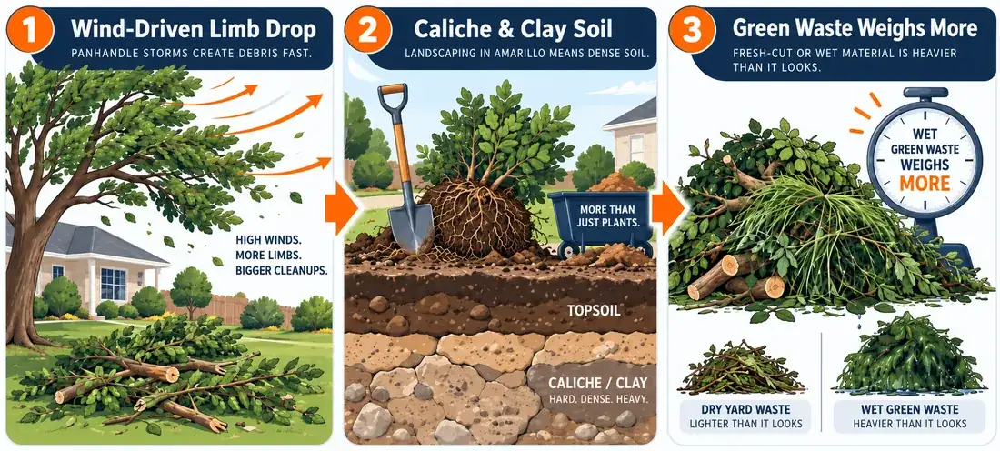 Why Panhandle yard waste fills fast: wind-driven limbs, heavy soil, fresh-cut green waste.