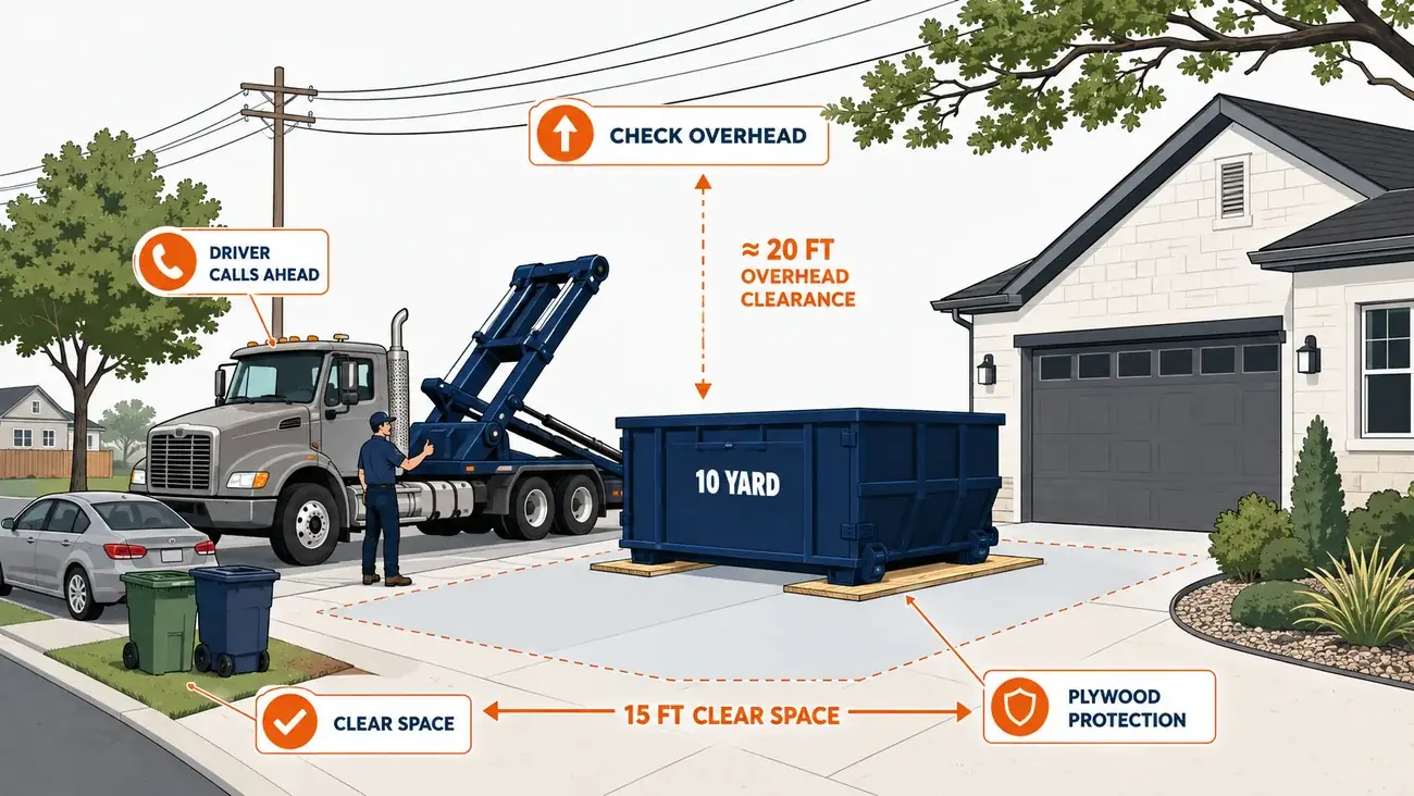 Diagram of 10-yard delivery needs: driver calls ahead, clearance and space, plywood protection.