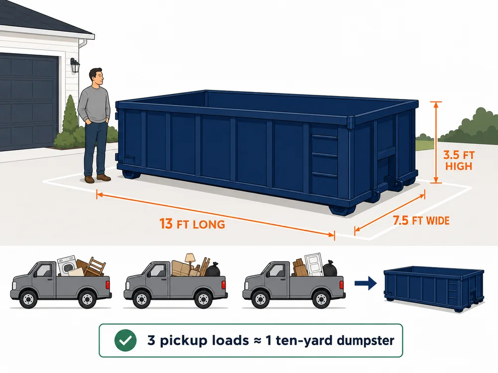 10-yard dumpster shown at 13x7.5x3.5 ft next to a person, equal to about 3 pickup truck loads.