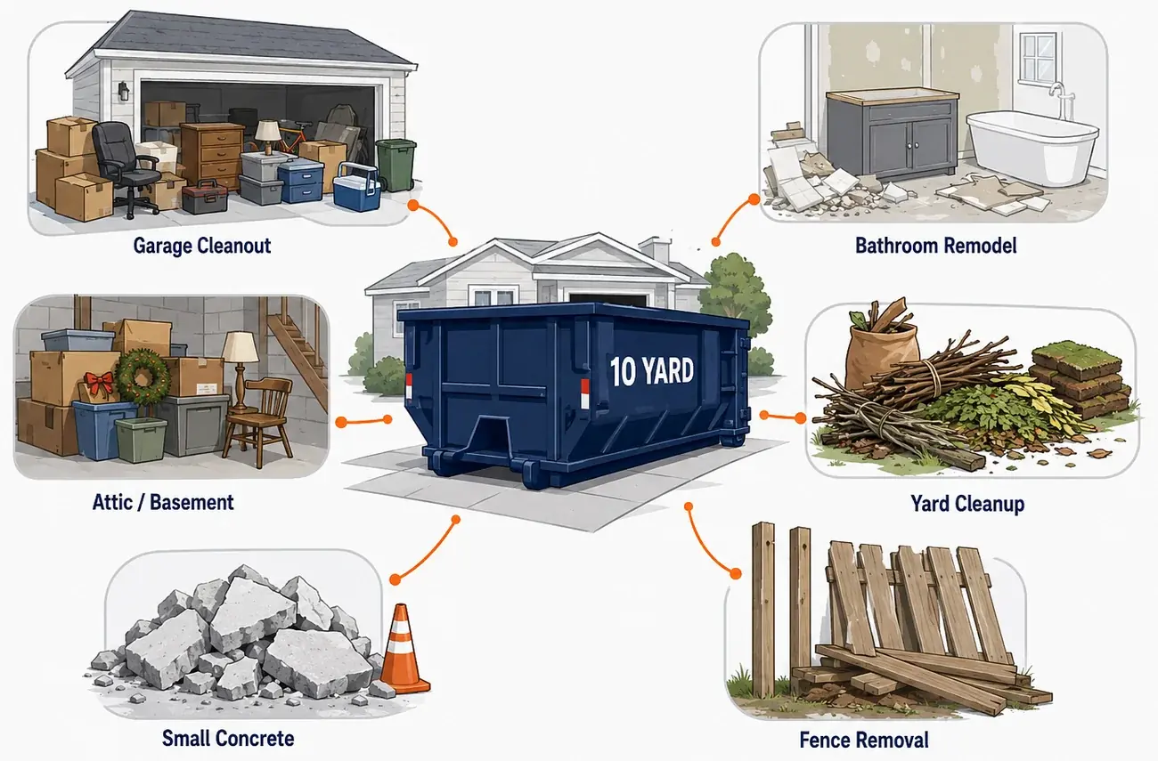 Diagram of a 10-yard dumpster ideal for garage cleanouts, bathroom remodels, and small yard jobs.