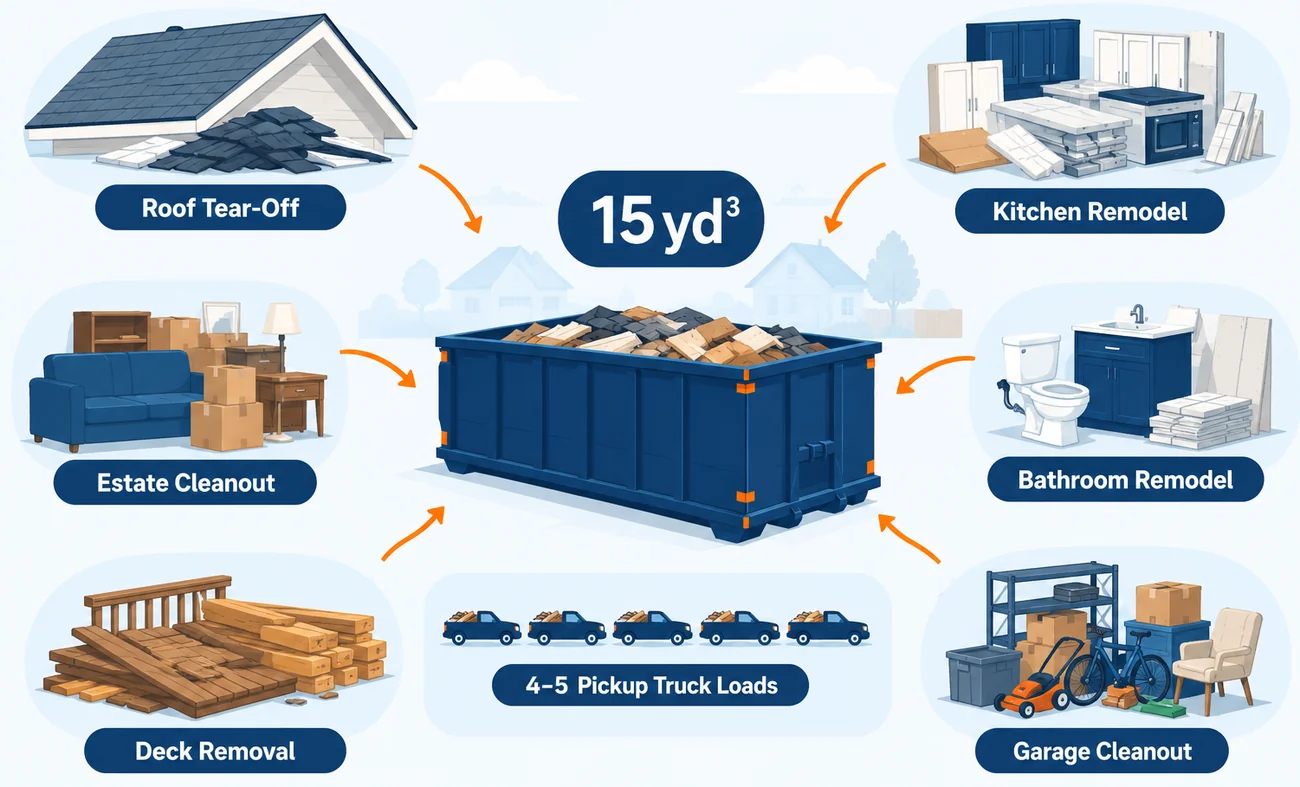 Diagram of a 15-yard dumpster ideal for roof tear-offs, remodels, cleanouts, and deck removal.