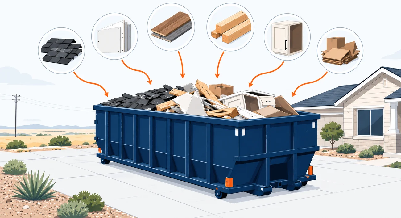 Materials that typically fill a 20-yard dumpster: shingles, drywall, flooring, lumber, cabinets.