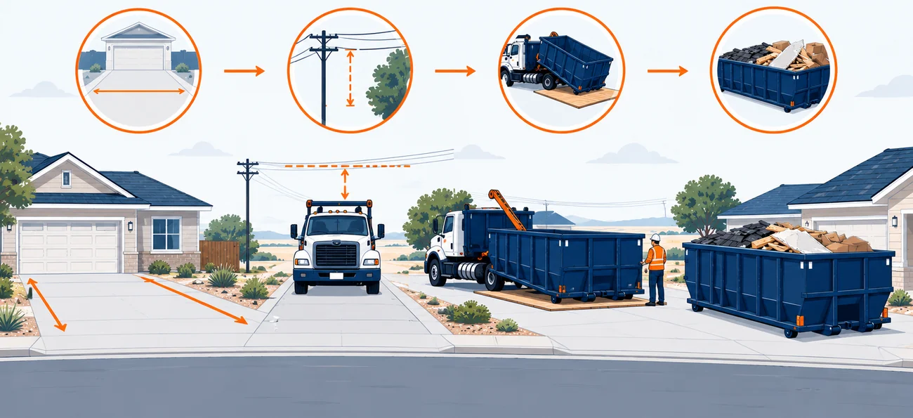 Diagram of 20-yard delivery prep: check driveway width and clearance, then place the container.
