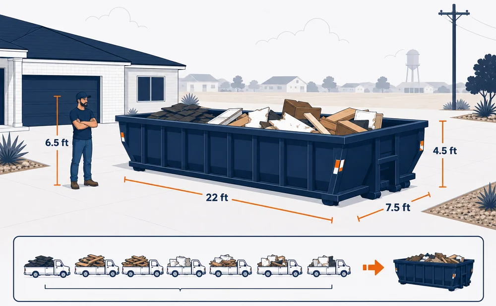 20-yard dumpster on a driveway, shown at 22x7.5x4.5 ft next to a person for scale.