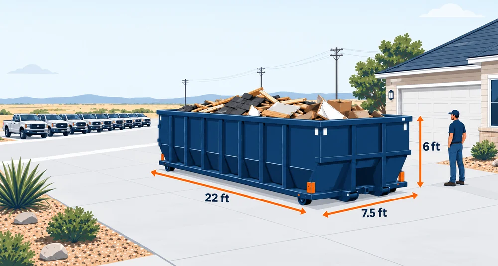 30-yard dumpster on a driveway, shown at 22x7.5x6 ft next to a person for scale.