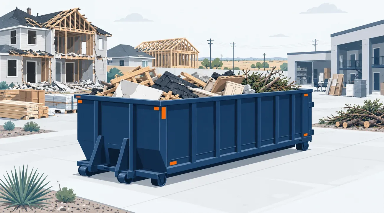 A 30-yard dumpster loaded with demolition and construction debris on a busy project street.