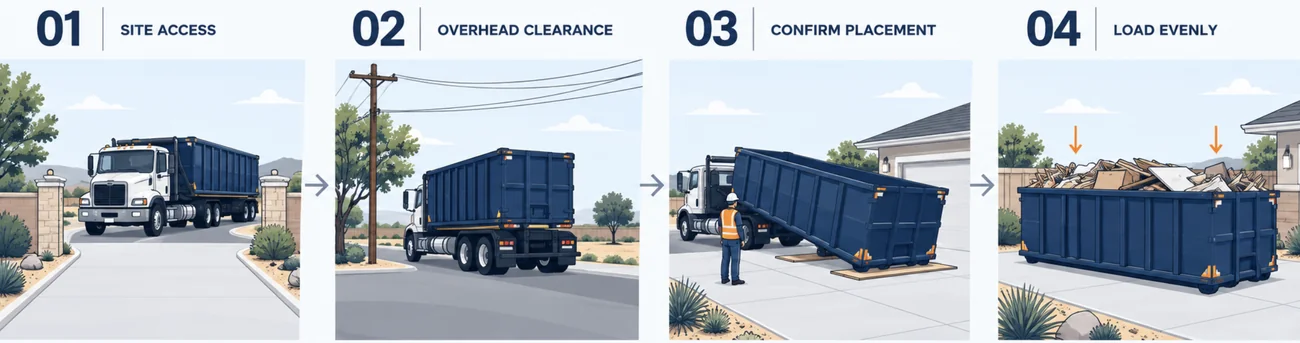 Four-step 40-yard delivery: site access, overhead clearance, confirm placement, load evenly.