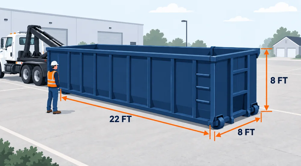 40-yard dumpster on a commercial lot, shown at 22x8x8 ft next to a worker for scale.