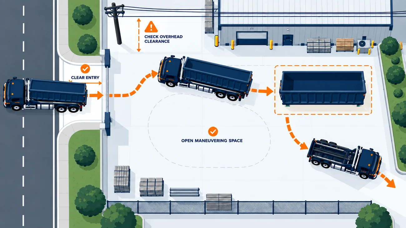 Top-down diagram of 40-yard delivery: road entry, clearance check, maneuvering space, placement.