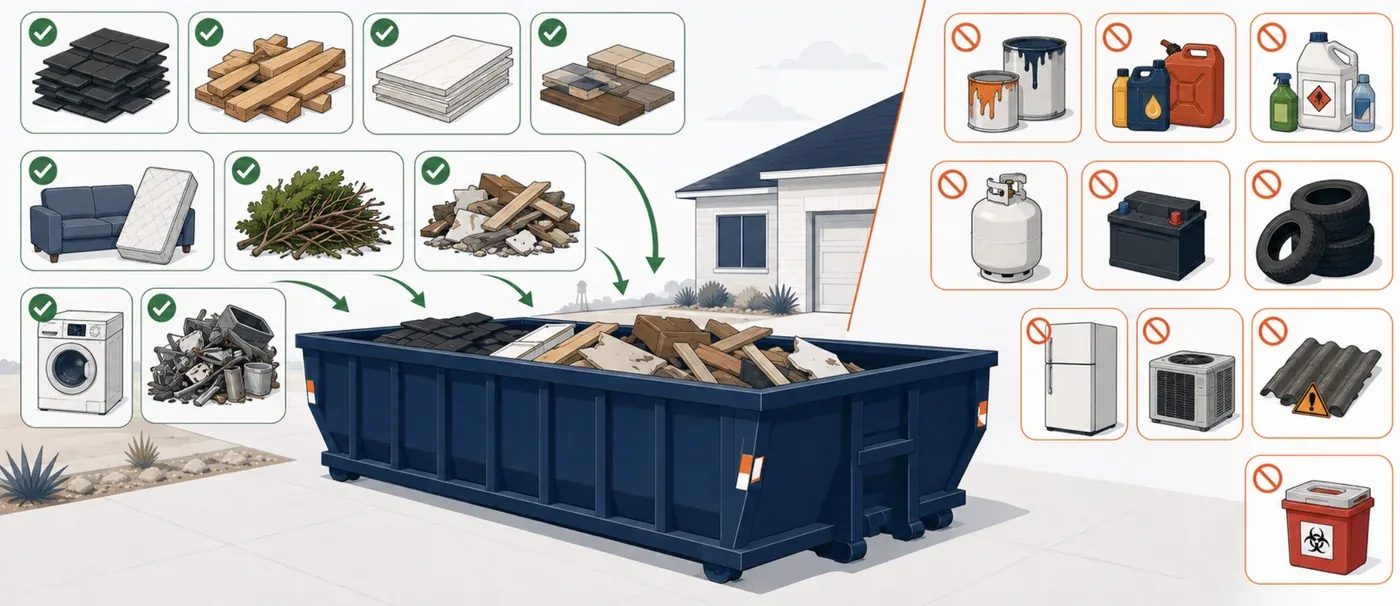 Diagram of accepted materials flowing into a dumpster, prohibited items marked off on the right.