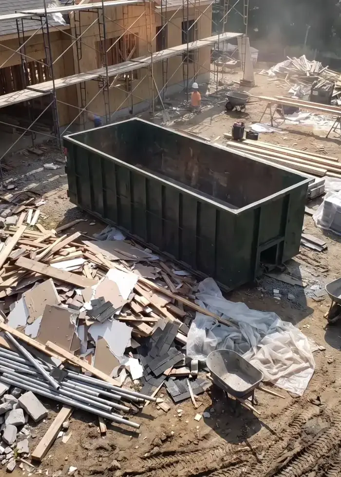 Aerial view of an empty dumpster staged at a site, ready for concrete and dirt spoil.