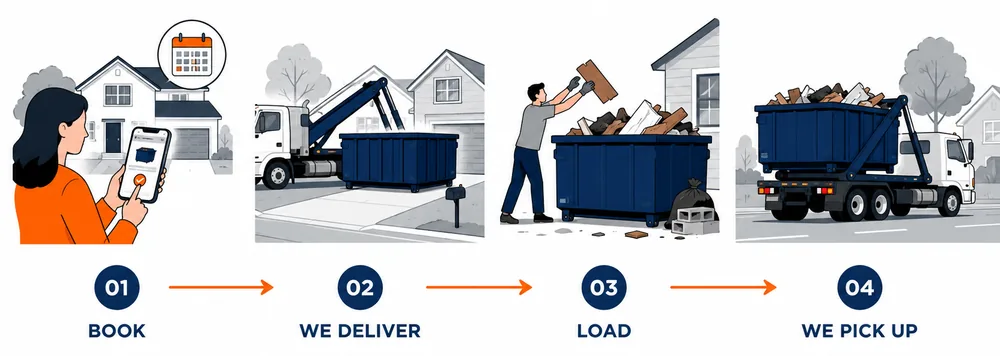 Four-step rental process: book by phone, we deliver, you load at your pace, we haul it away.