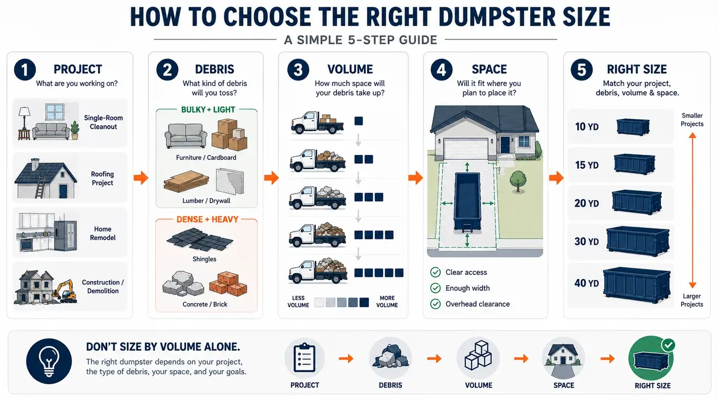 5-step guide to choosing dumpster size: project, debris type, volume, space, then match size.
