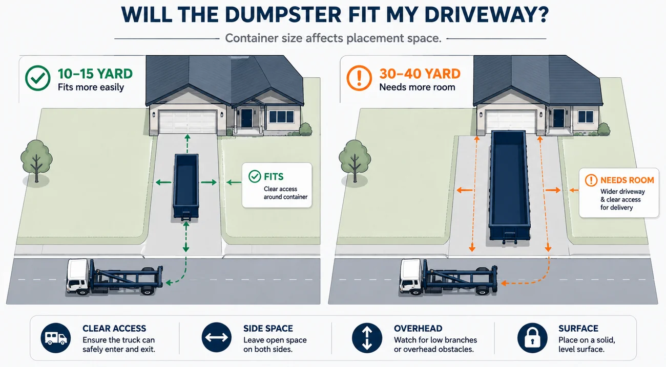 Diagram comparing driveway fit: a 10-15 yard dumpster fits easily, a 30-40 yard needs more space.