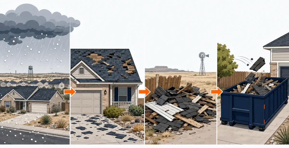 Four-panel illustration: a hailstorm, roof damage, torn-off shingles, and debris in a dumpster.